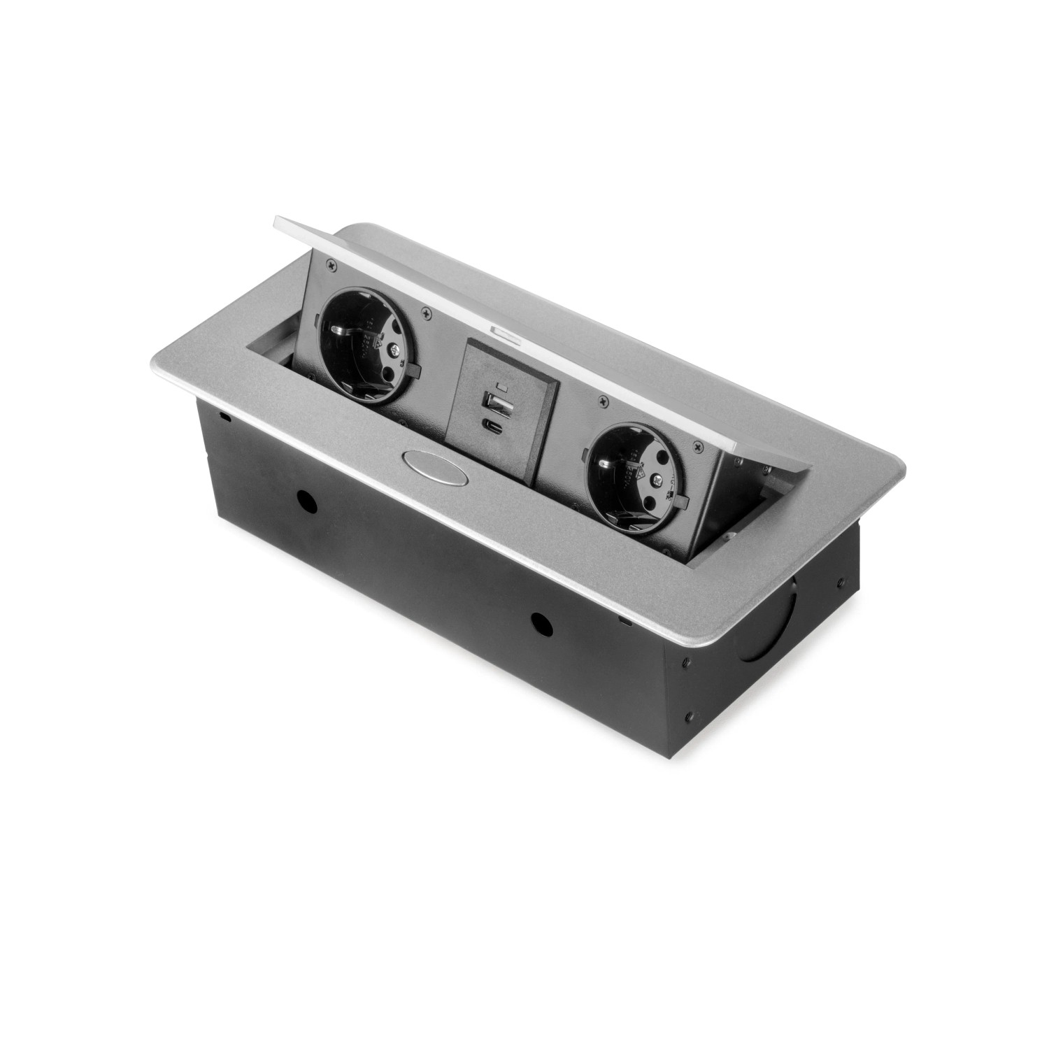 Emuca Desktop Multistecker Atom 26 Lite 225x111mm 2 Schuko Steckdosen 1 USB Typ A 1 USB Typ C Zamak Stahl Kunststoff Metallic Grau