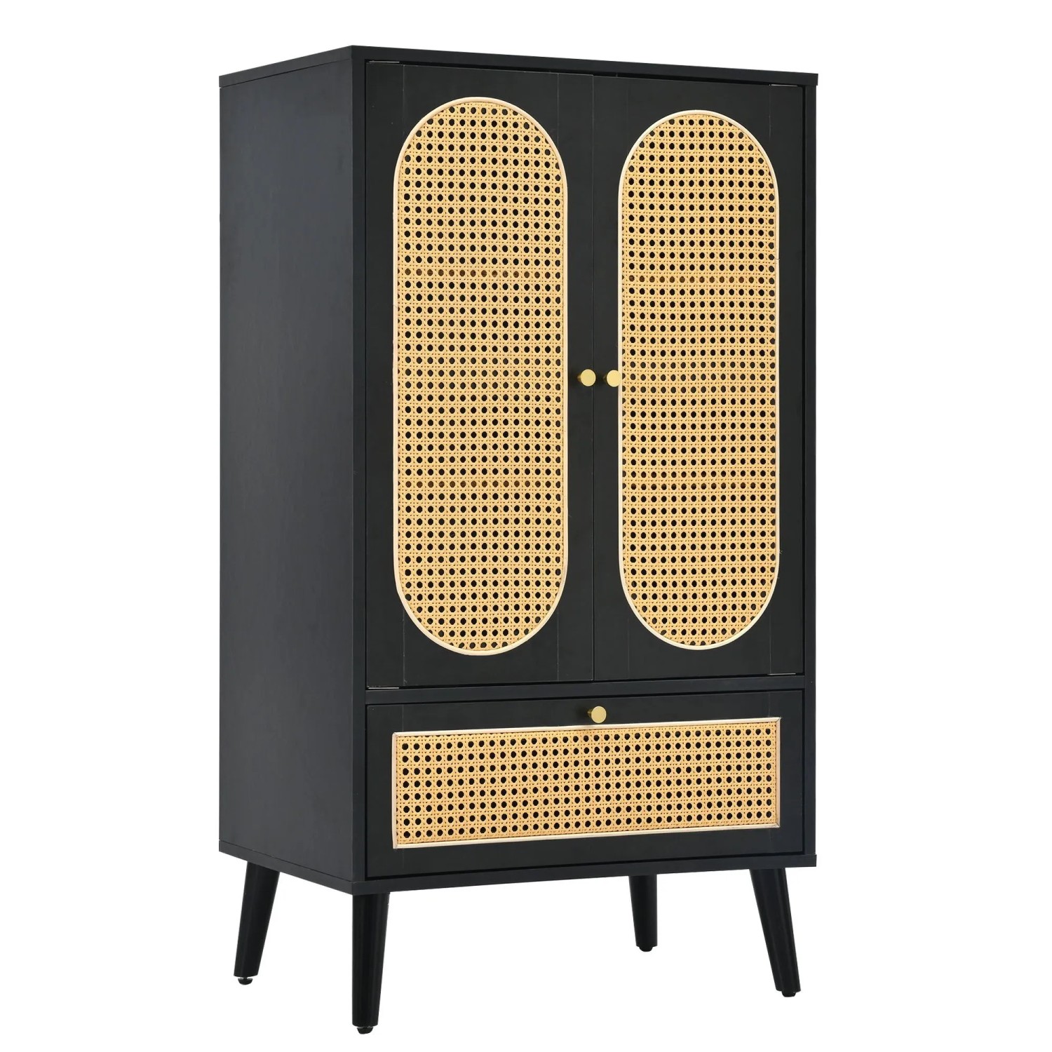 okwish Sideboard mit Rattan Türen Schublade Stauraum 60x40x110.5cm Schwarz