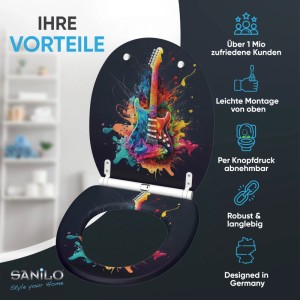 SANILO WC-Sitz mit Absenkautomatik, Gitarren-Design. WC-Brille mit buntem Gitarren-Motiv.