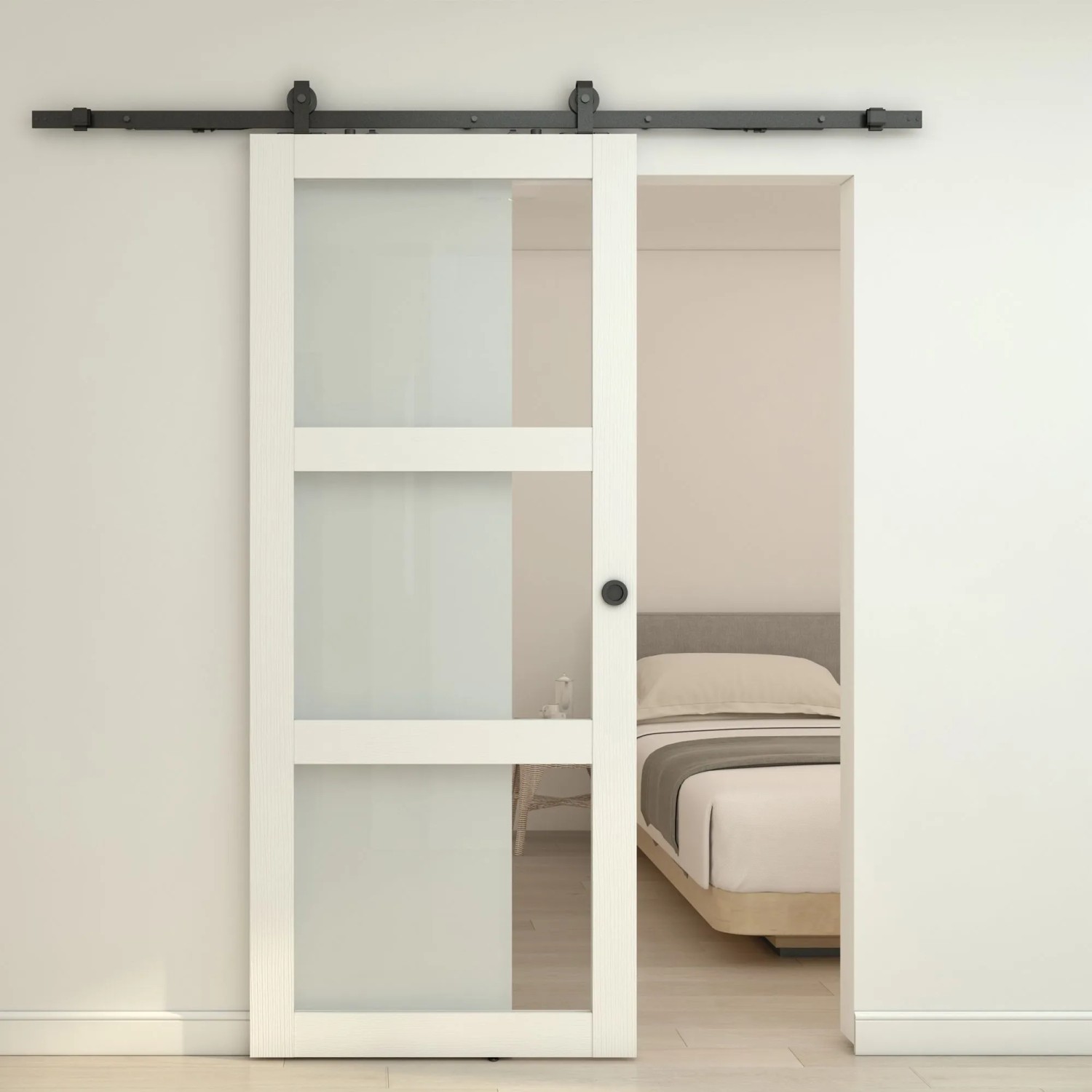 Inova Holzschiebetür Komplettset Landhausstil mit Glaseinsatz 1025 x 2150 Weiß