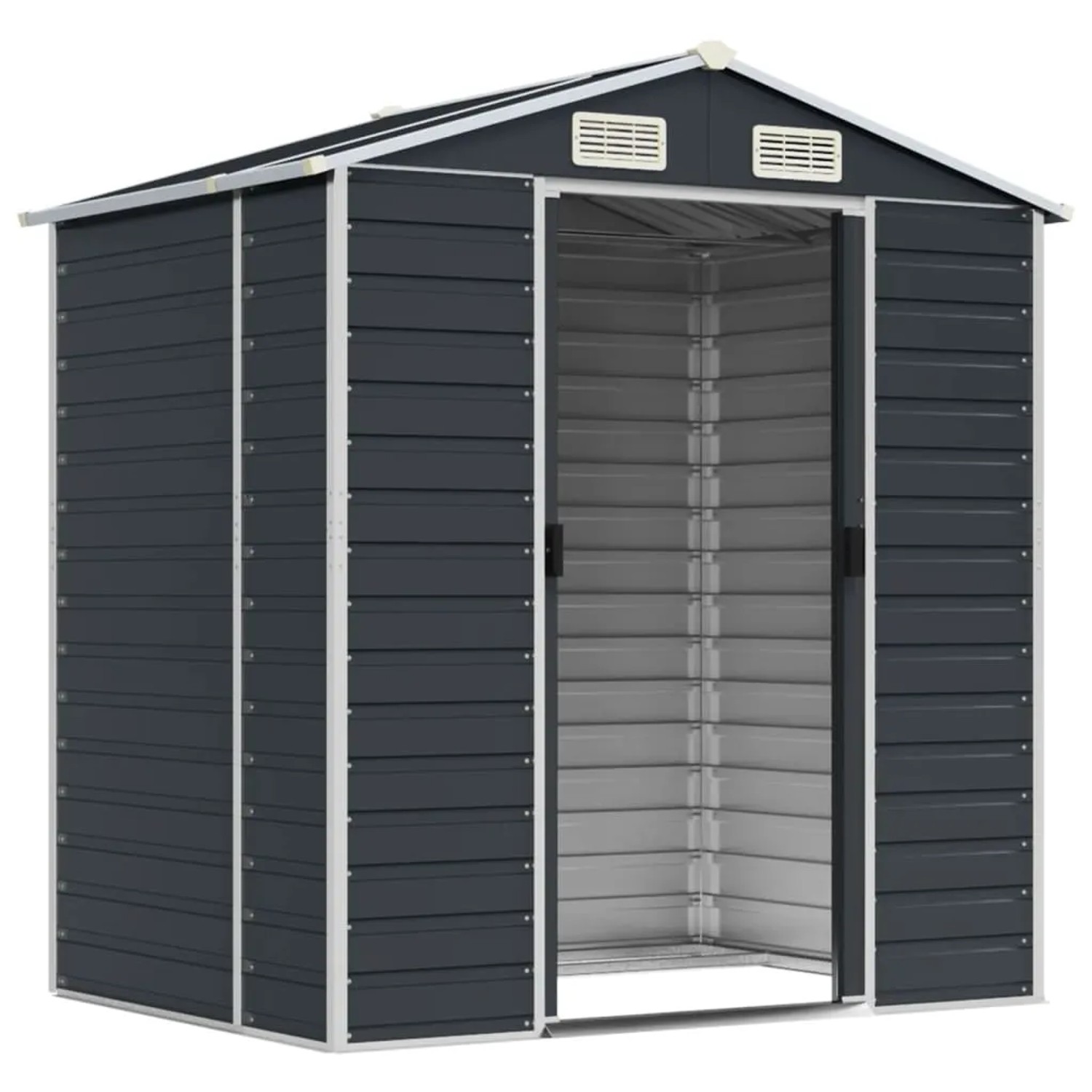 Anthrazitfarbenes vidaXL Gerätehaus aus verzinktem Stahl, 191x130x198 cm, mit geöffneter Tür.