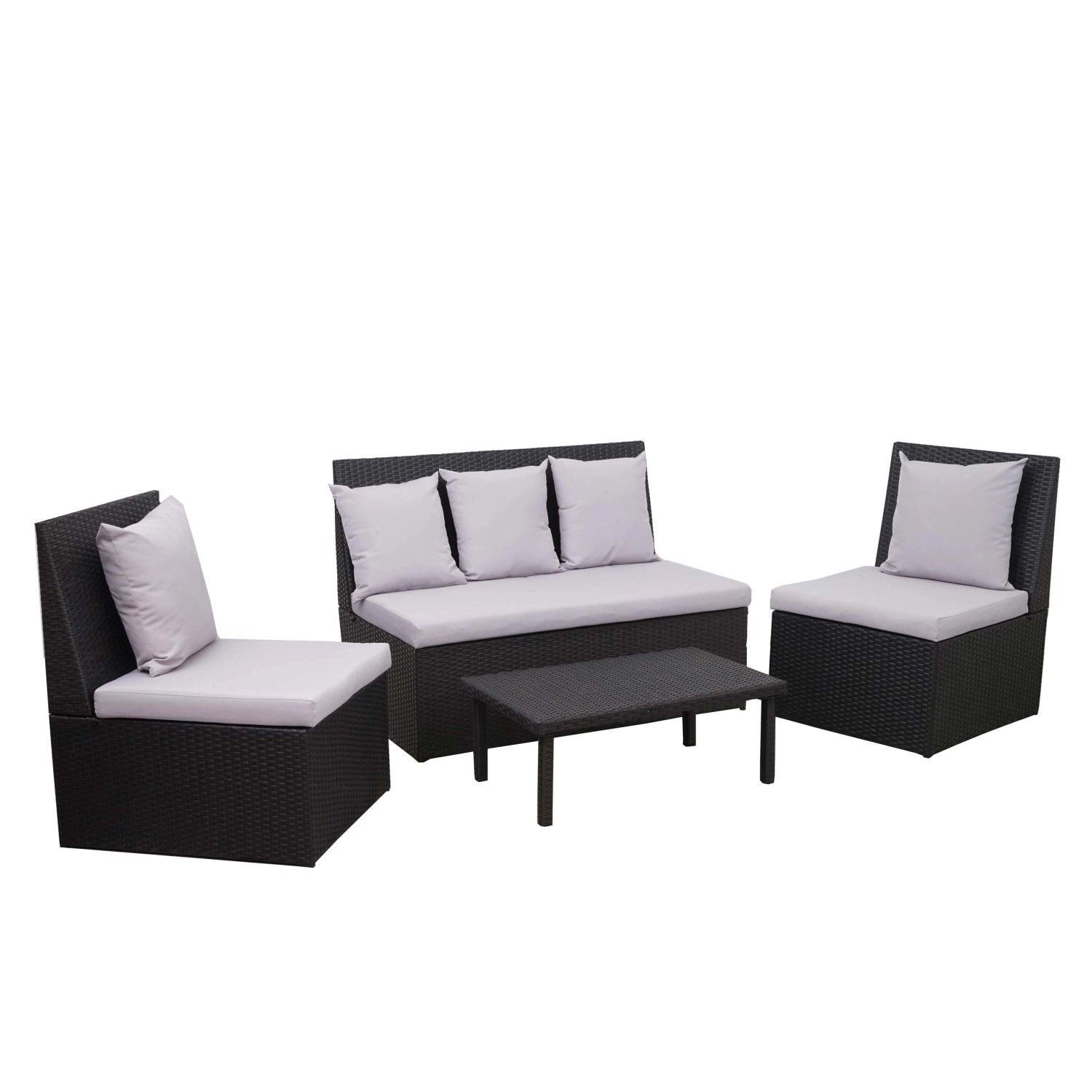 MCW Poly-Rattan Garnitur G16 4-teilig Schwarz Kissen Hellgrau