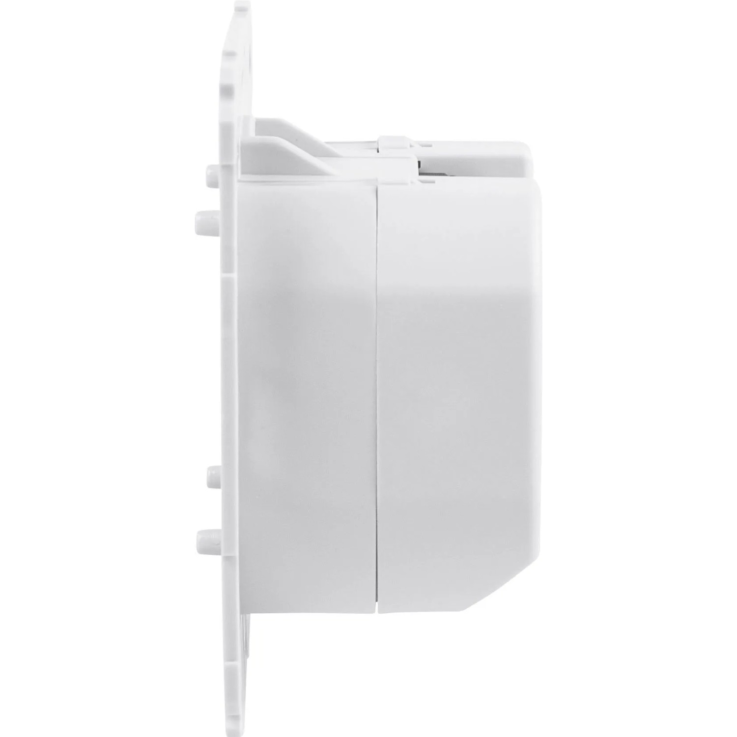 Weißer Homematic IP Rollladenaktor für Markenschalter, Unterputzmodul, Seitenansicht. Smart Home Hausautomation.