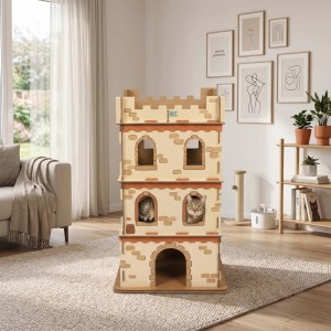 Braune XL Katzenburg aus Pappe mit 3 Etagen und mehreren Öffnungen, in der zwei Katzen spielen. Gemütliches Katzenhaus.