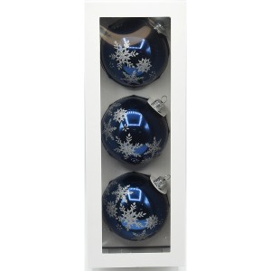 Vitbis Weihnachtskugeln Set, 3 dunkelblaue, glänzende Glaskugeln (Ø 8cm) mit Schneeflocken-Dekor.