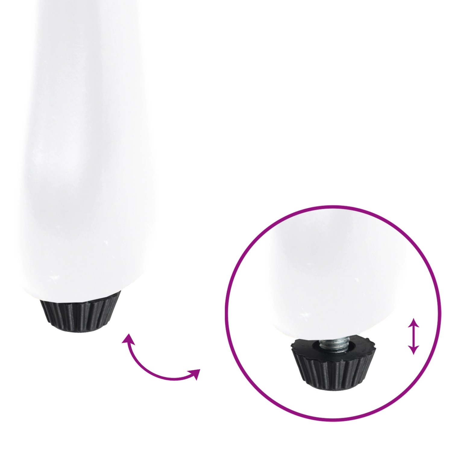 Detailaufnahme: Verstellbare Füße des weißen vidaXL Garten Bistro Sets aus Aluminium.