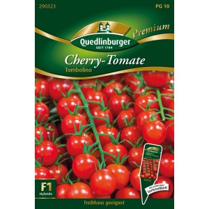 Samenpackung Quedlinburger Cherry-Tomate Tombolino mit Abbildung reifer, roter Tomaten.