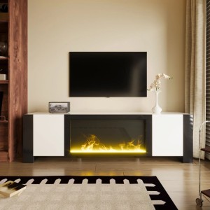 Moderner TV Schrank in Hochglanz Weiß/Schwarz mit integriertem Elektrokamin und realistischen Flammeneffekten. Ideal für Wohnzimmer.