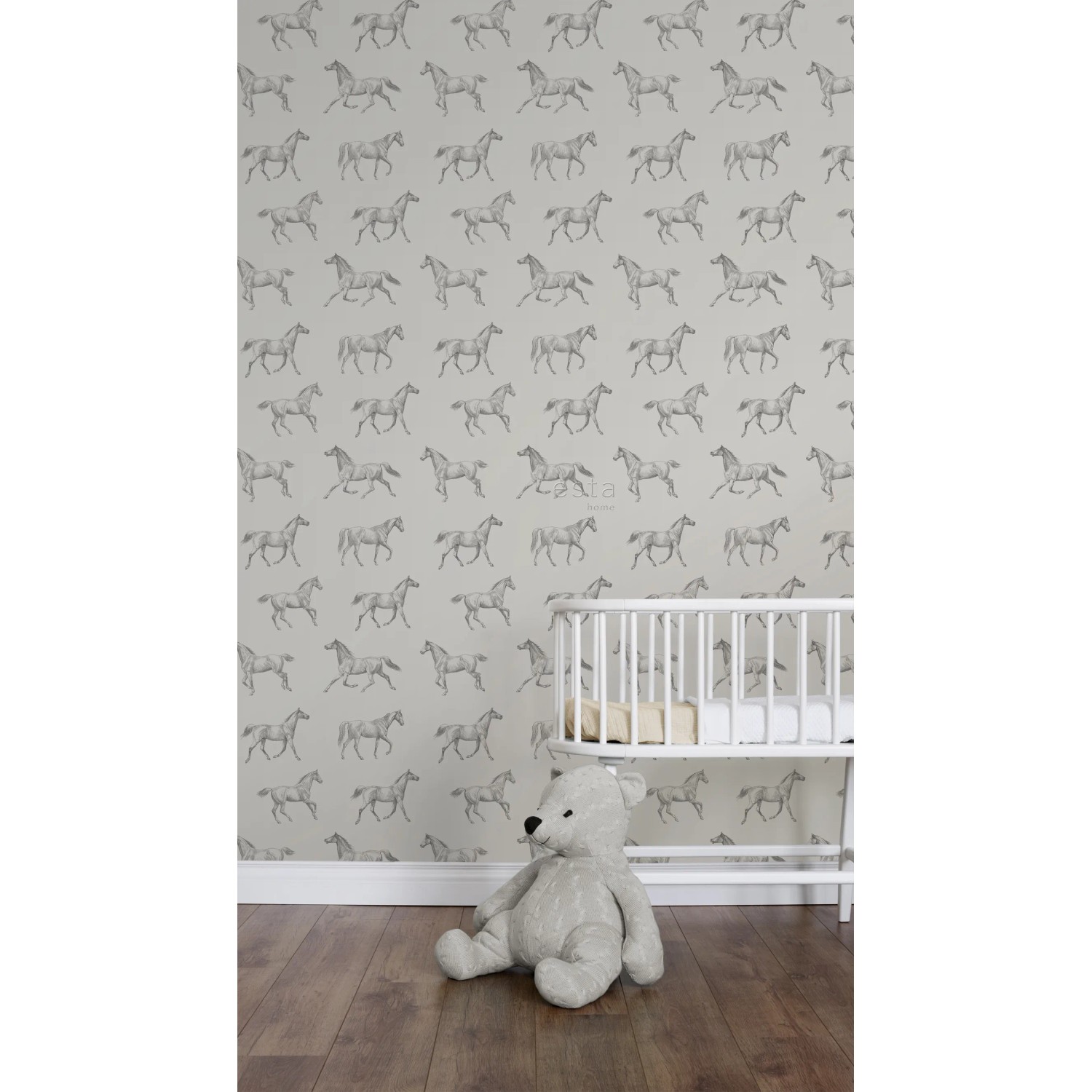 Beige Vliestapete mit Pferden für Kinderzimmer. Dekorative Tapete mit Pferdemotiv.