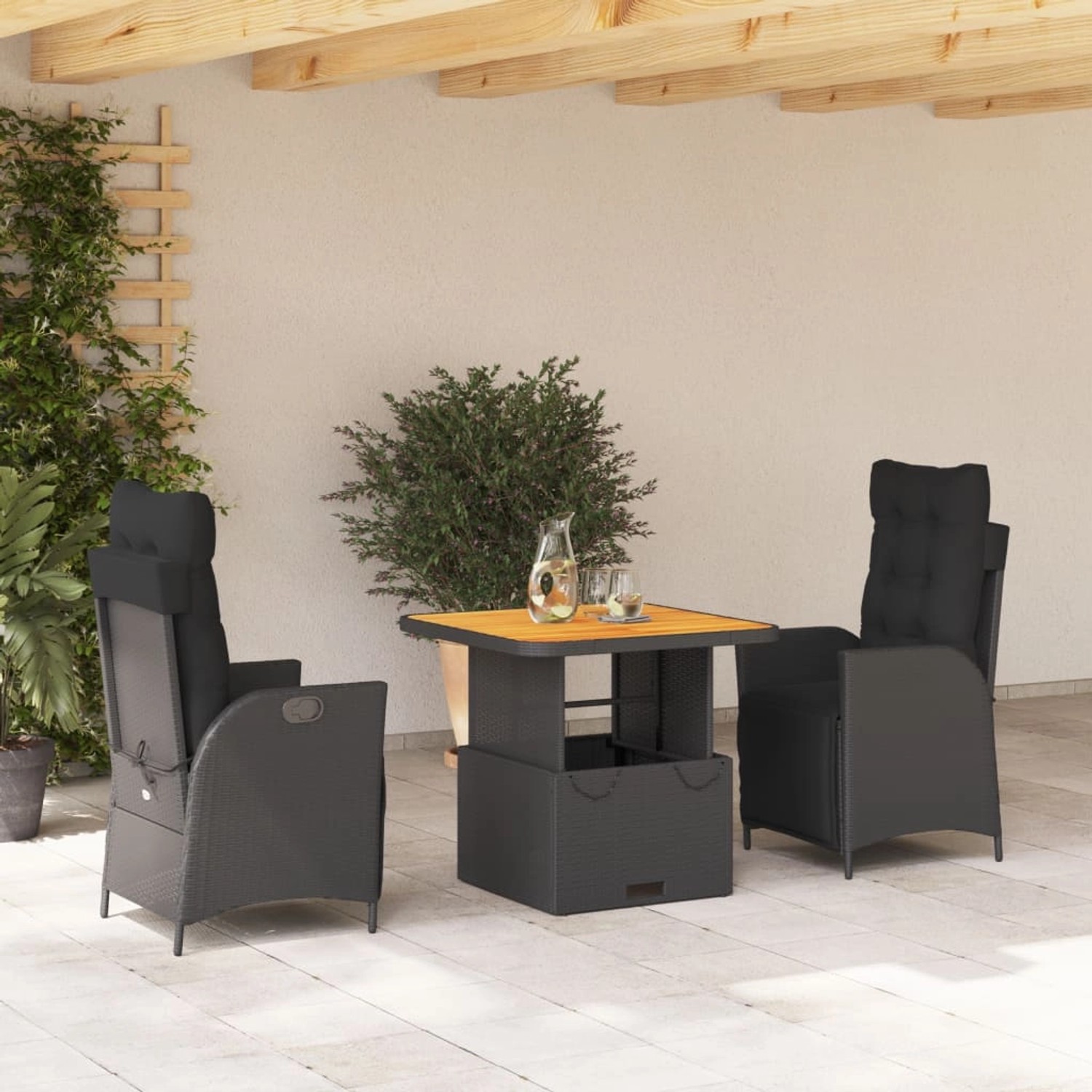 3-tlg. Garten-Essgruppe aus Rattan mit verstellbarem Tisch und Sesseln mit Kissen, schwarz.