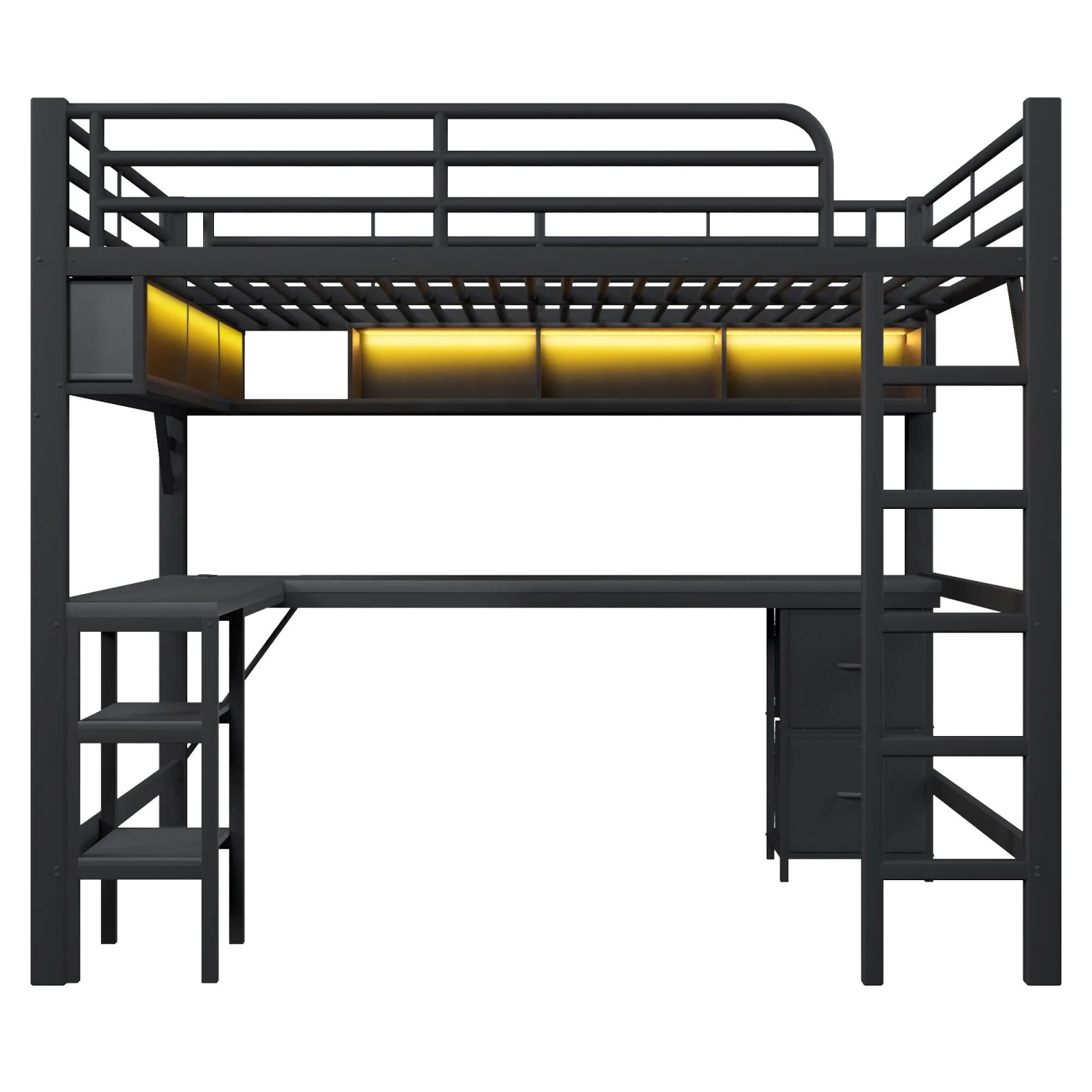 Merax Gaming Hochbett 140x200 cm Metall mit Bücherregal Schreibtisch USB LED Schwarz
