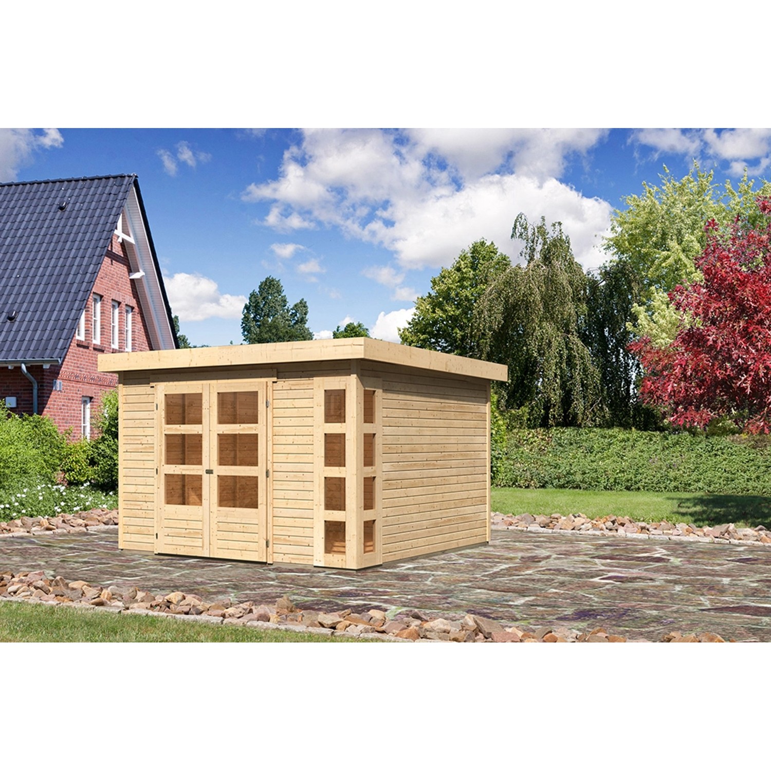 Karibu Holz-Gartenhaus Sölve Natur Flachdach Unbehandelt 298 cm x 302 cm günstig online kaufen