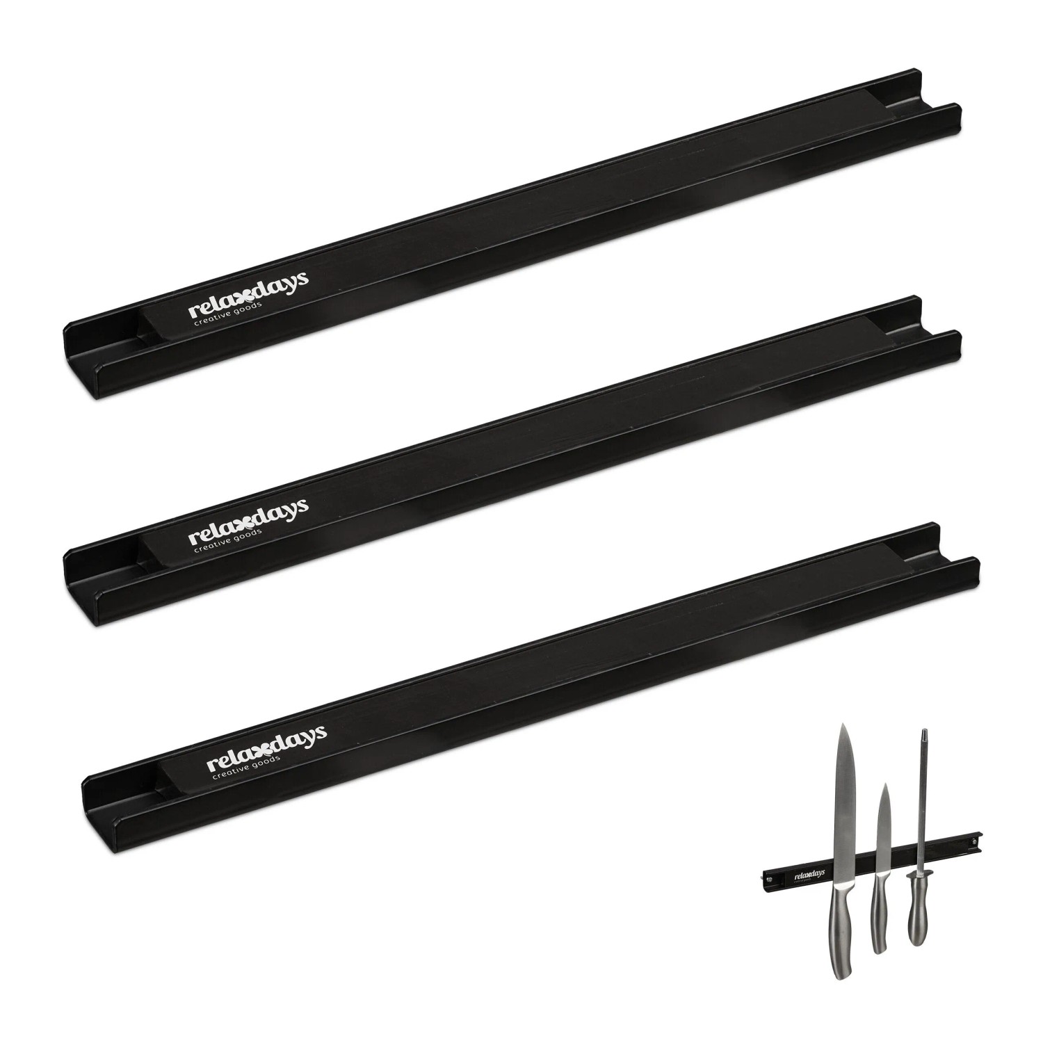Relaxdays Magnetleiste 3er Set Stahl Schwarz 30 cm x 2,5 cm x 1,5 cm je 450 g