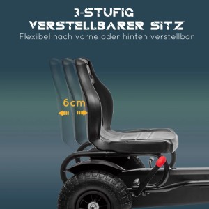 Schwarzer, 3-fach verstellbarer GoKart-Sitz mit rotem Einstellhebel. 6 cm Verstellbereich für Kinder Tretfahrzeug.