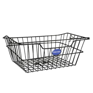 Schwarzer, grobmaschiger Fischer Gepäckträgerkorb für Fahrräder.