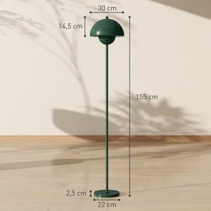 Grüne HOMCOM Stehlampe aus Stahl, 155 cm hoch, mit schalenförmigem Lampenschirm für Innenleuchten.
