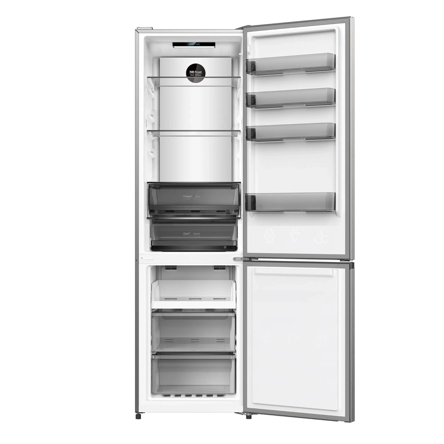 Geöffnete Wolkenstein Kühl-Gefrierkombination WKG405ANFIX im Inox-Design mit Fächern und Schubladen.