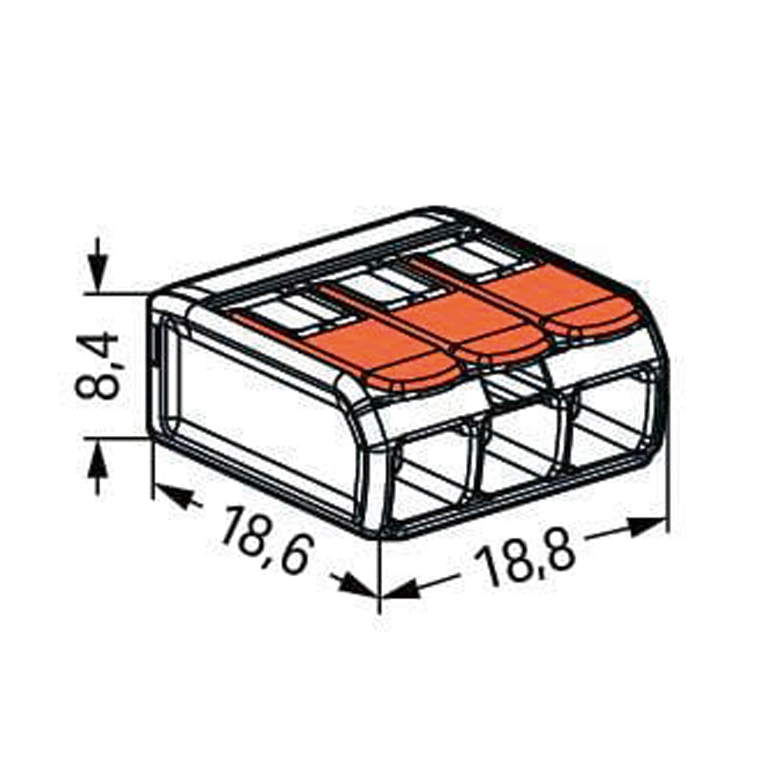 Wago Hebelklemme 221-413, 3-polig, für Leiter von 0,2-4 mm², 10er-Pack, Detailansicht mit Maßangaben.