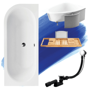 Weiße Eckbadewanne AVITA 180x80 rechts mit Styroporverkleidung, Bambusablage und Ablauf für Ihr Bad.