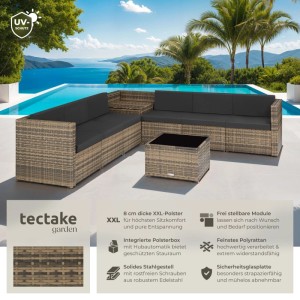Tectake Rattan Lounge Verona für 6 Personen, naturfarben, mit Polstern und Tisch vor Pool.