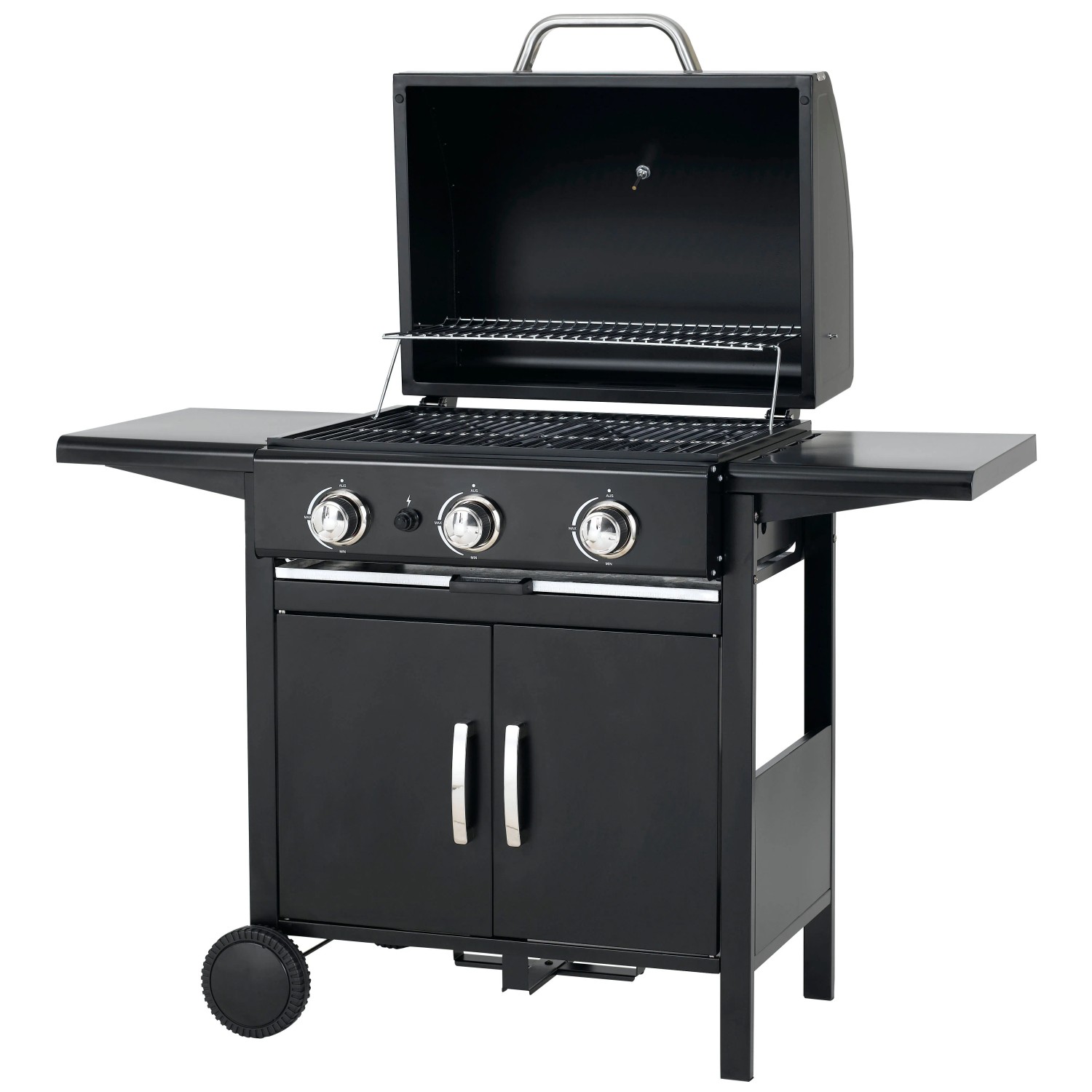 Schwarzer tepro Gasgrill Mayfield mit 3 Brennern, Seitentischen und Unterschrank.