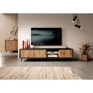 TV-Lowboard Bello 175 cm Schwarz / Wotan Eiche Lamelle mit LED
