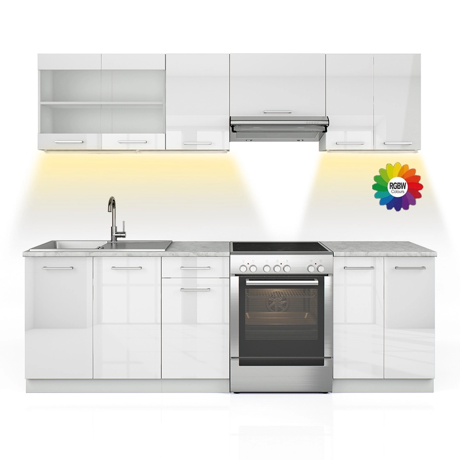 Vicco Raul Küchenzeile Weiß 240 cm AP Marmor mit LED-LeistenRaul günstig online kaufen