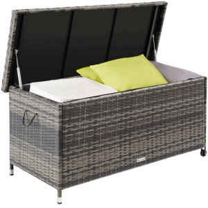 Tectake Auflagenbox Kiruna 270 L Mit Rattangeflecht 2 Griffschlaufen und 2 Rollen 121 x 56 x 60 cm Grau