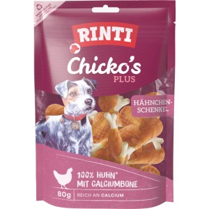 Rinti Chicko Plus Hähnchenschenkel, 80g. Getrocknete Hunde-Snacks aus 100% Huhn mit Calcium.