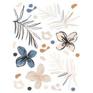 Wandtattoo Blumenmuster in Beige, Blau und Orange, 85x65 cm.