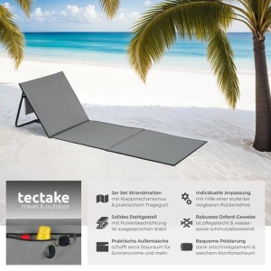 2er Set Tectake Strandmatte Mina, grau-blaue Sonnenliege mit verstellbarer Rückenlehne am Strand.