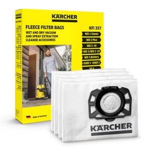 Vier weiße Kärcher Vliesfilterbeutel für Nass-/Trockensauger, reißfest. Mit Verpackung für WD und SE Modelle.