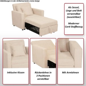 Heller MCW Schlafsessel L90 aus Cordstoff, ausziehbar zu Liege/Bett, mit Kissen und Armlehnen.