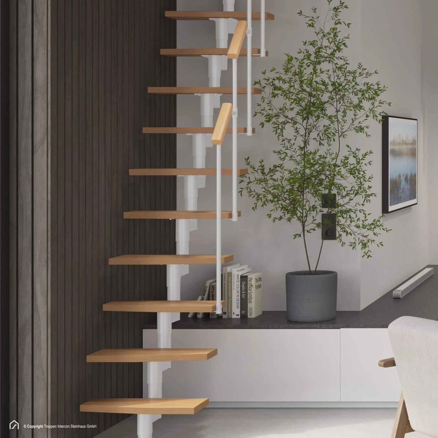 Intercon Raumspartreppe Delta Premium, Buche Natur, Metall Polar-Weiß, mit Geländer.