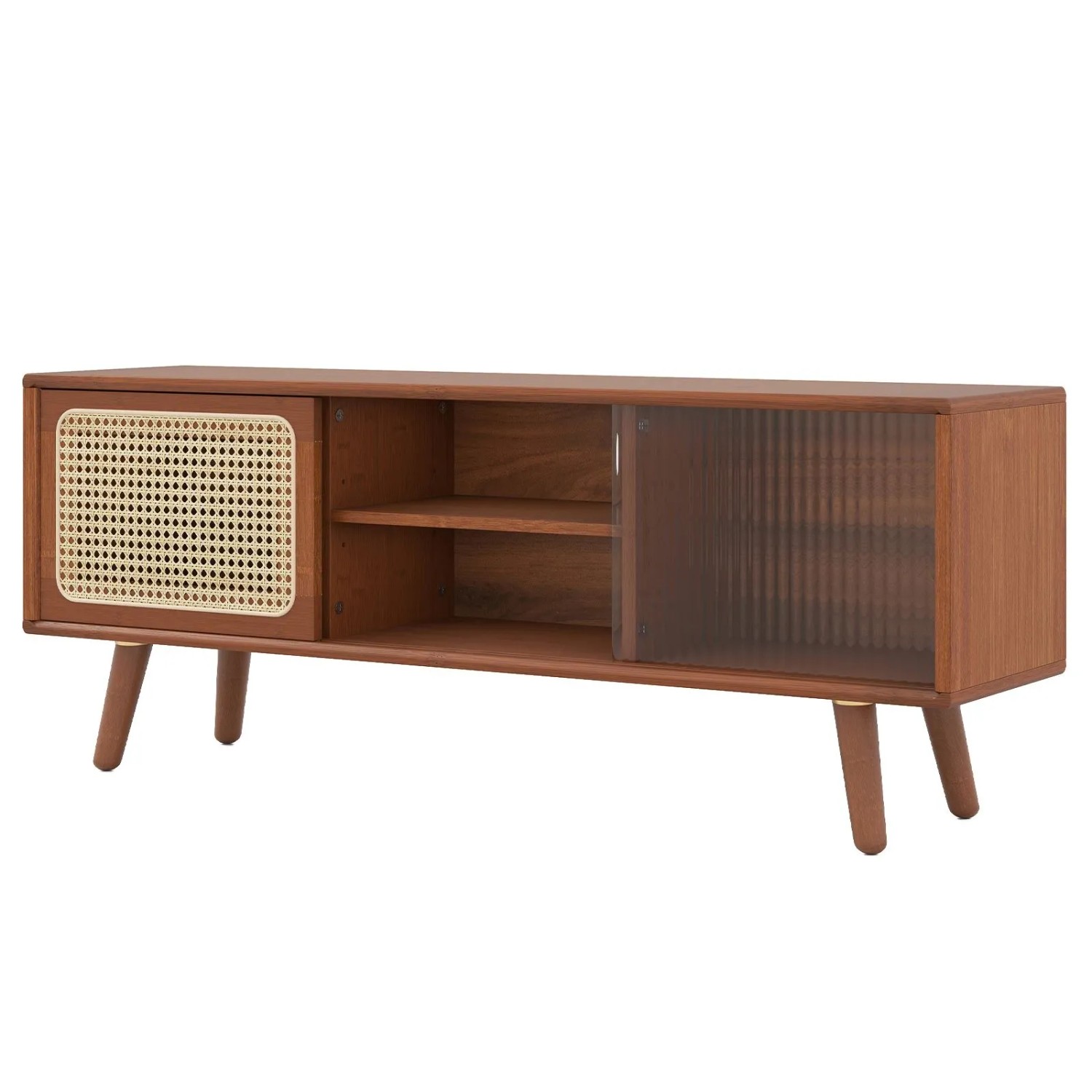 Costway Bambus TV Schrank mit Rattan- & Glasschiebetür Braun günstig online kaufen