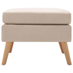 Cremefarbener Fußhocker aus Stoff mit Holzfüßen.