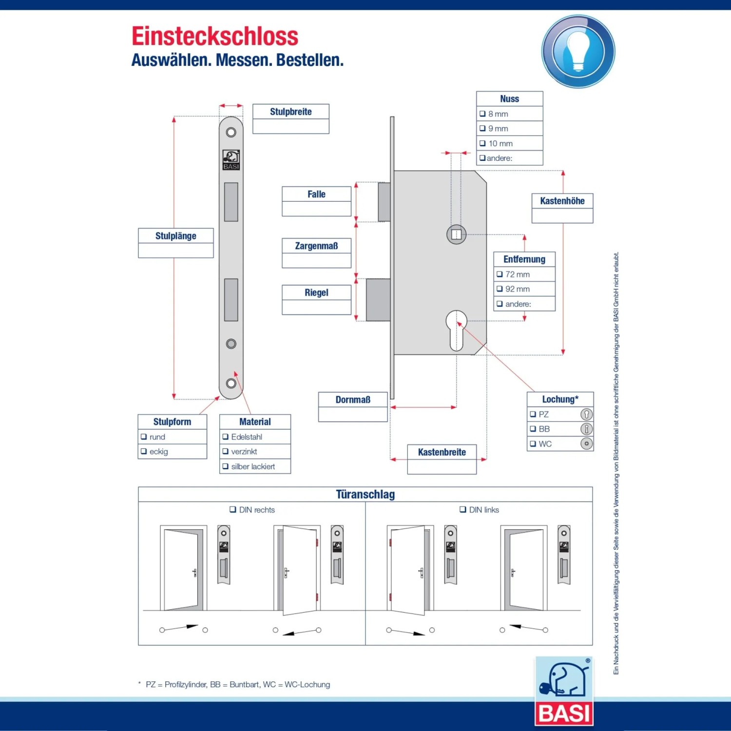 Technische Zeichnung: Basi Einsteckschloss Set, Buntbart, 18mm Stulp, Maße und Türanschläge.