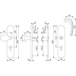 Technische Zeichnung: Hoppe Schutz-Wechsel-Garnitur New York Alu Natur PZ-72, Türbeschlag mit Maßen.