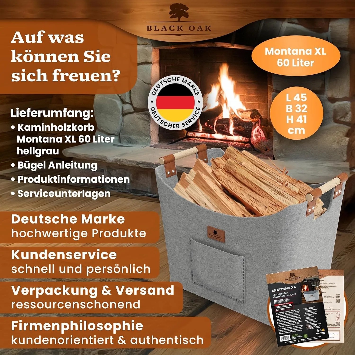 BLACK OAK Holzkorb MONTANA XL 60L Hellgrau – Filzkorb für Kaminholz & Brennholz mit Robusten Holzgriffen mit Echtleder-Applikation und Fronttasche_9