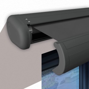 Elektrische Kassettenmarkise in Basaltgrau mit grauem Tuch, Markisenmaße 2.0x1.5 m.