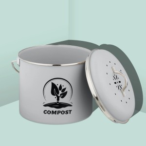 Grauer Relaxdays Komposteimer aus Eisen mit Deckel, Henkel und "COMPOST" Aufschrift. Geruchsneutralisierender Bioeimer für die Küche.