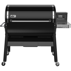 Weber SmokeFire EX6 GBS Pelletgrill in Schwarz mit digitaler Steuerung und Ablagefläche.