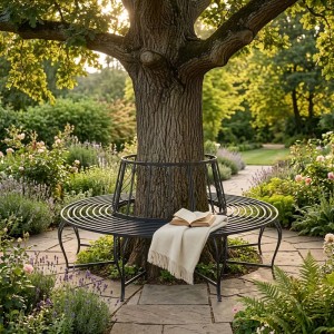 Schwarze runde Stahl-Baumbank mit Vintage-Verzierungen um einen Baum im idyllischen Garten. Buch & Decke liegen bereit.