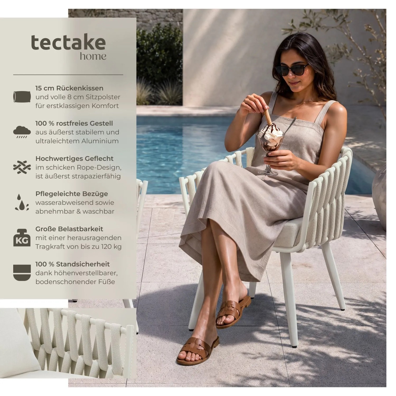 Tectake Aluminium Stuhl Lugano Im Rope Design Wetterfest und Uv Beständig 2Er Set 65 5 x 62 5 x 75 cm Beige_2