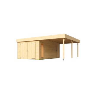 Lasita Maja Holzgarage Bahamas mit Holztor, naturbelassen, mit Carport-Anbau.