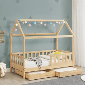 Naturfarbenes Juskys Kinderbett Marli 90x200 cm mit Bettkasten, Matratze und Lattenrost.