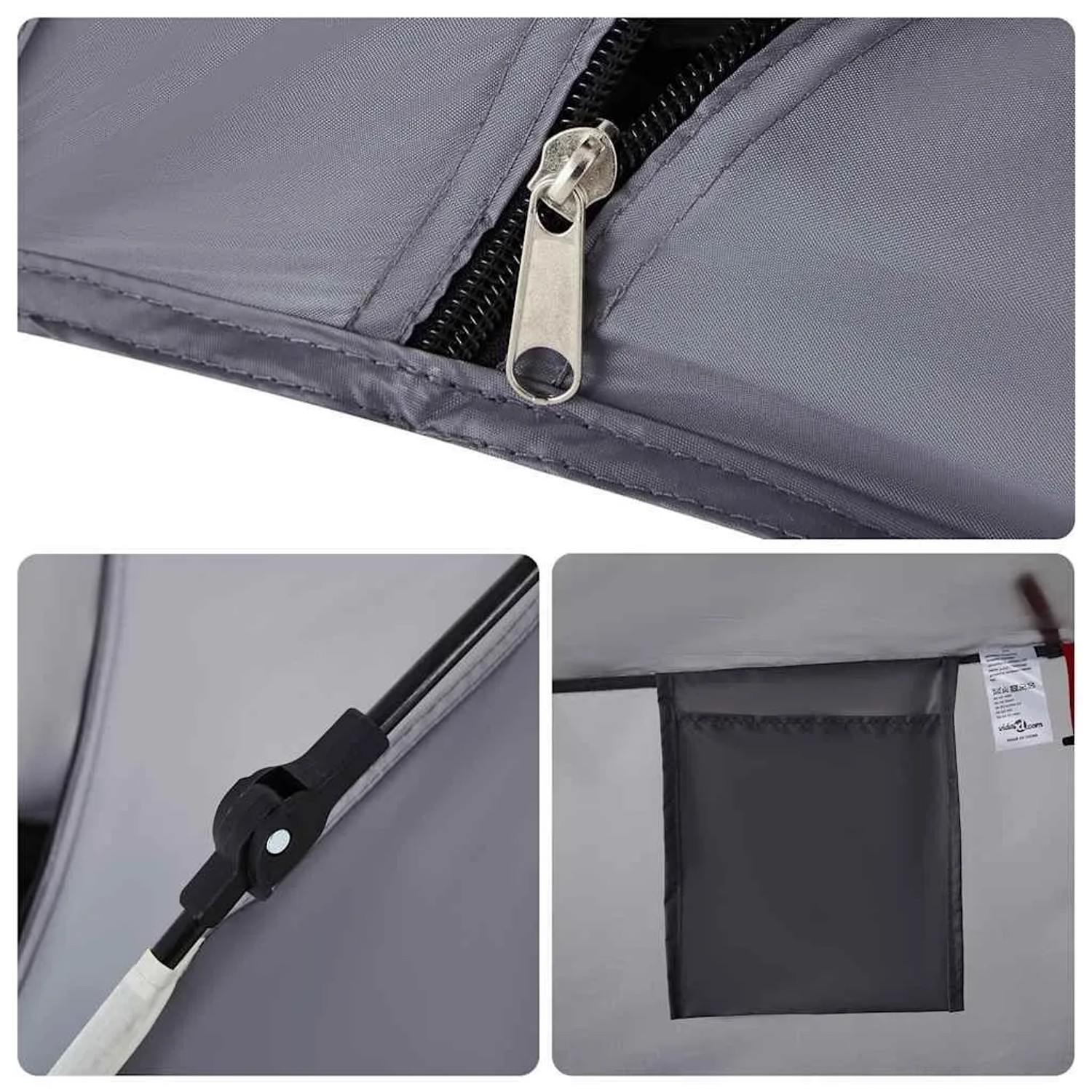 Details des grauen vidaXL Strandzelts für 2 Personen: Reißverschluss, Gestänge und Fenster.