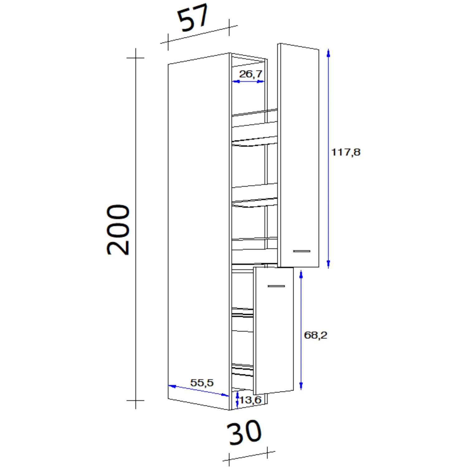 Skizze: Flex-Well Exclusiv Apotheker-Hochschrank Capri, 30 cm, Maße und Details.