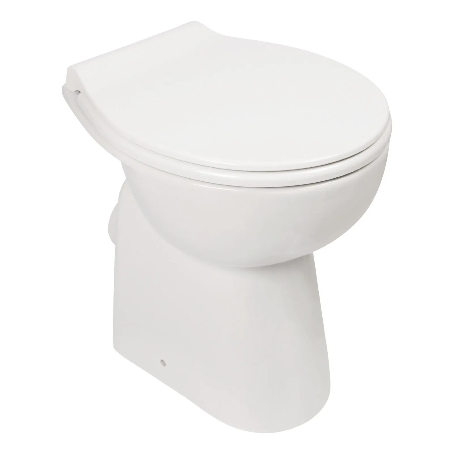 Weißes, erhöhtes Calmwaters Stand-WC Set mit Spülkasten und WC-Sitz mit Absenkautomatik.
