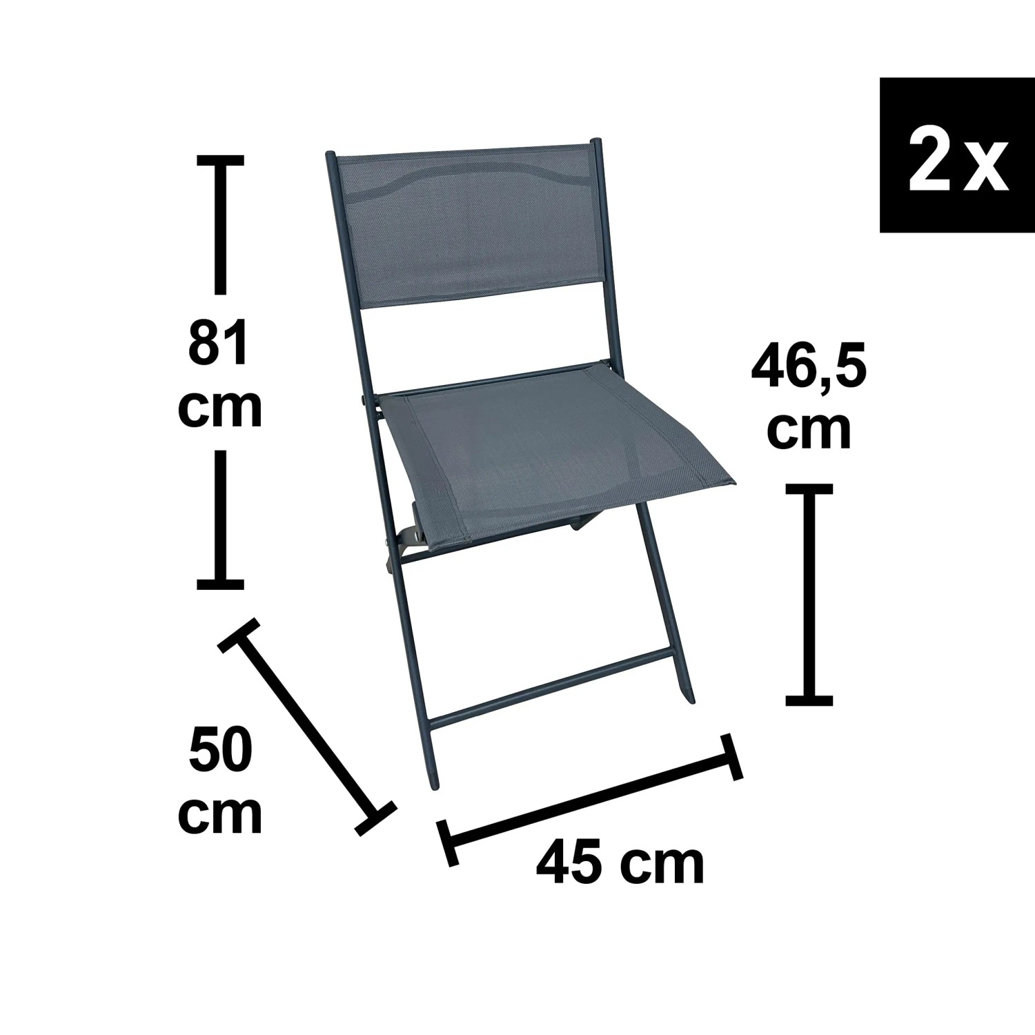 Abbildung von zwei Klappstühlen aus dem Balkon-Set Rivadavia, Stahl Anthrazit mit Maßangaben.